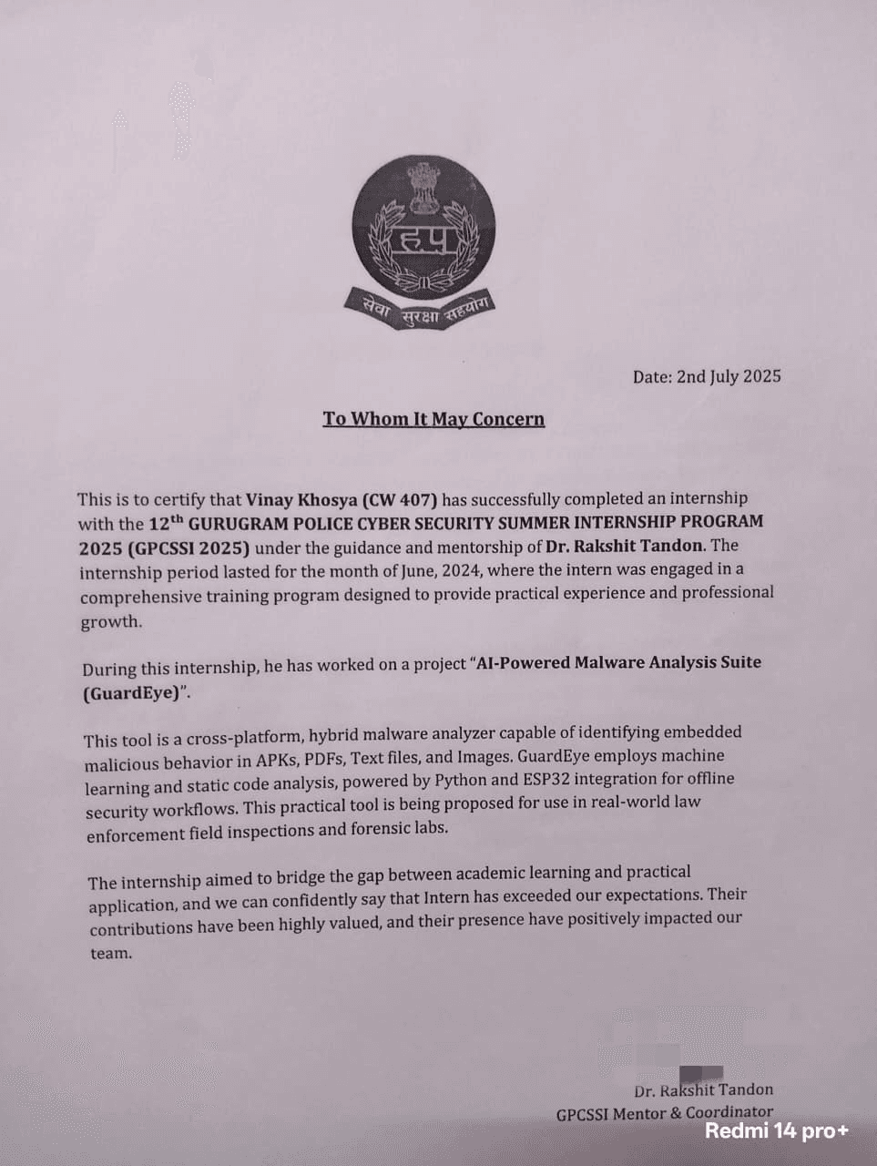 GuardEye — Offline AI Malware Scanner internship certificate